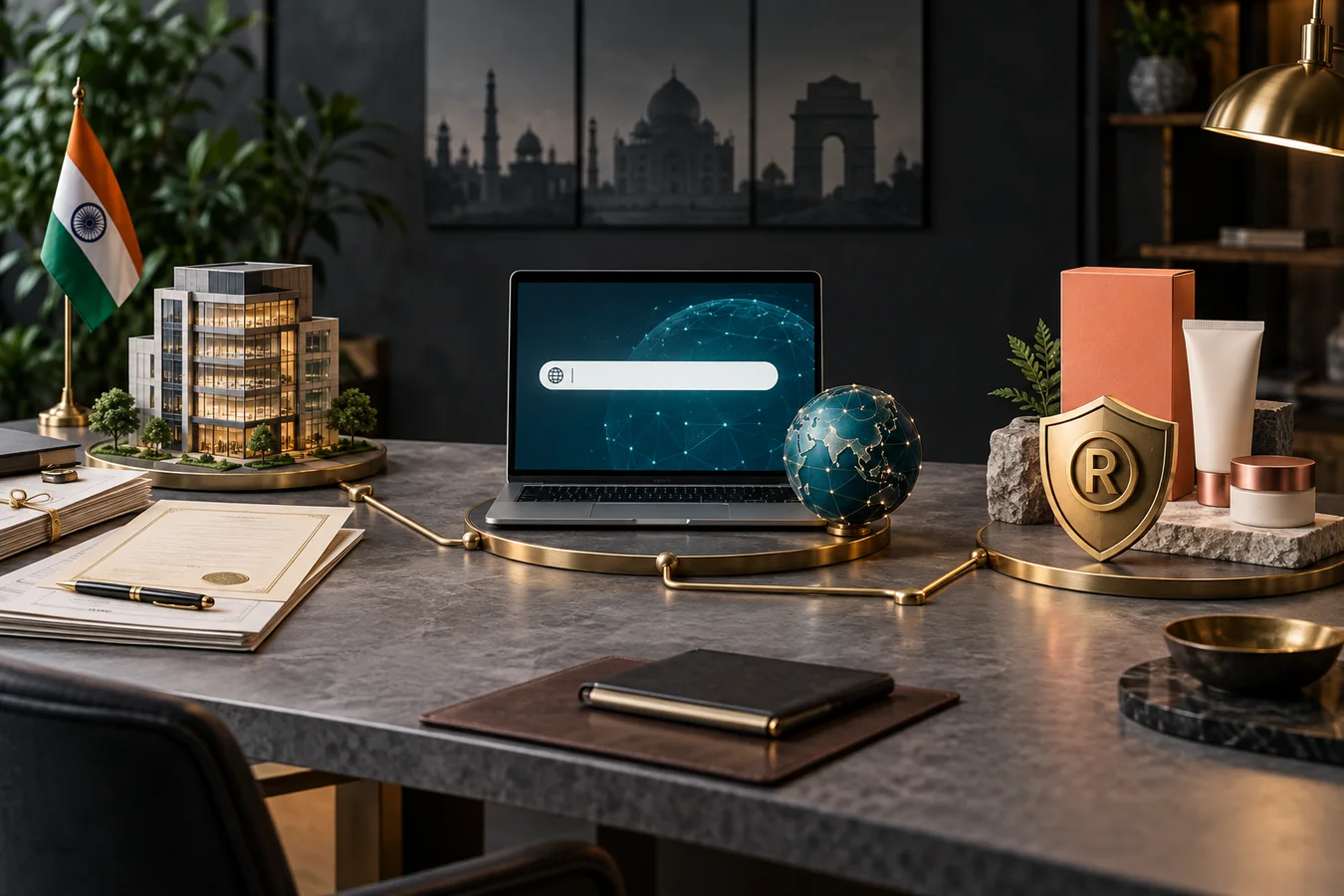 Company documents, domain planning and branded products shown as distinct layers of brand protection