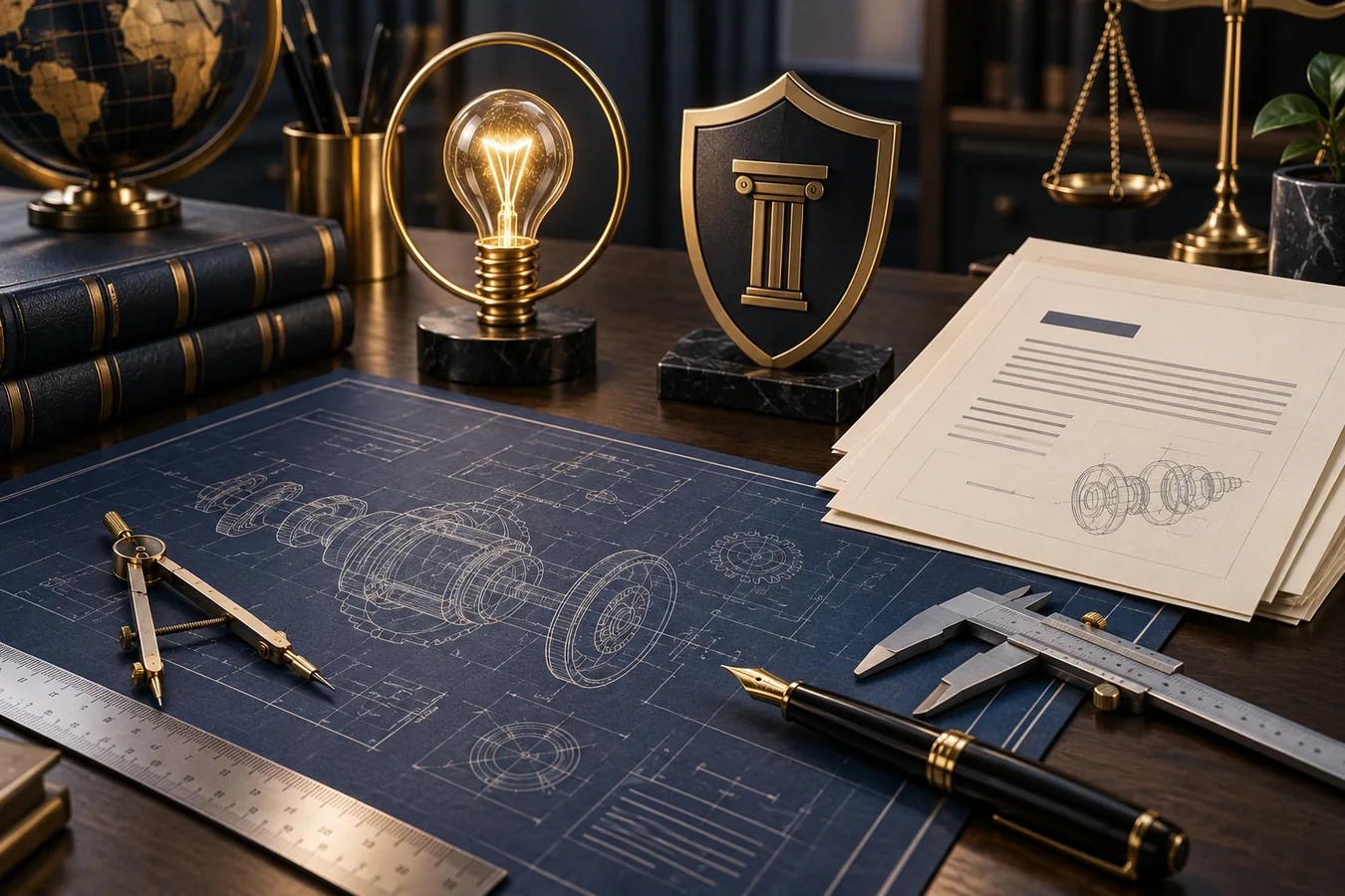 Invention blueprint, patent documents, drafting tools and a lightbulb on a legal desk