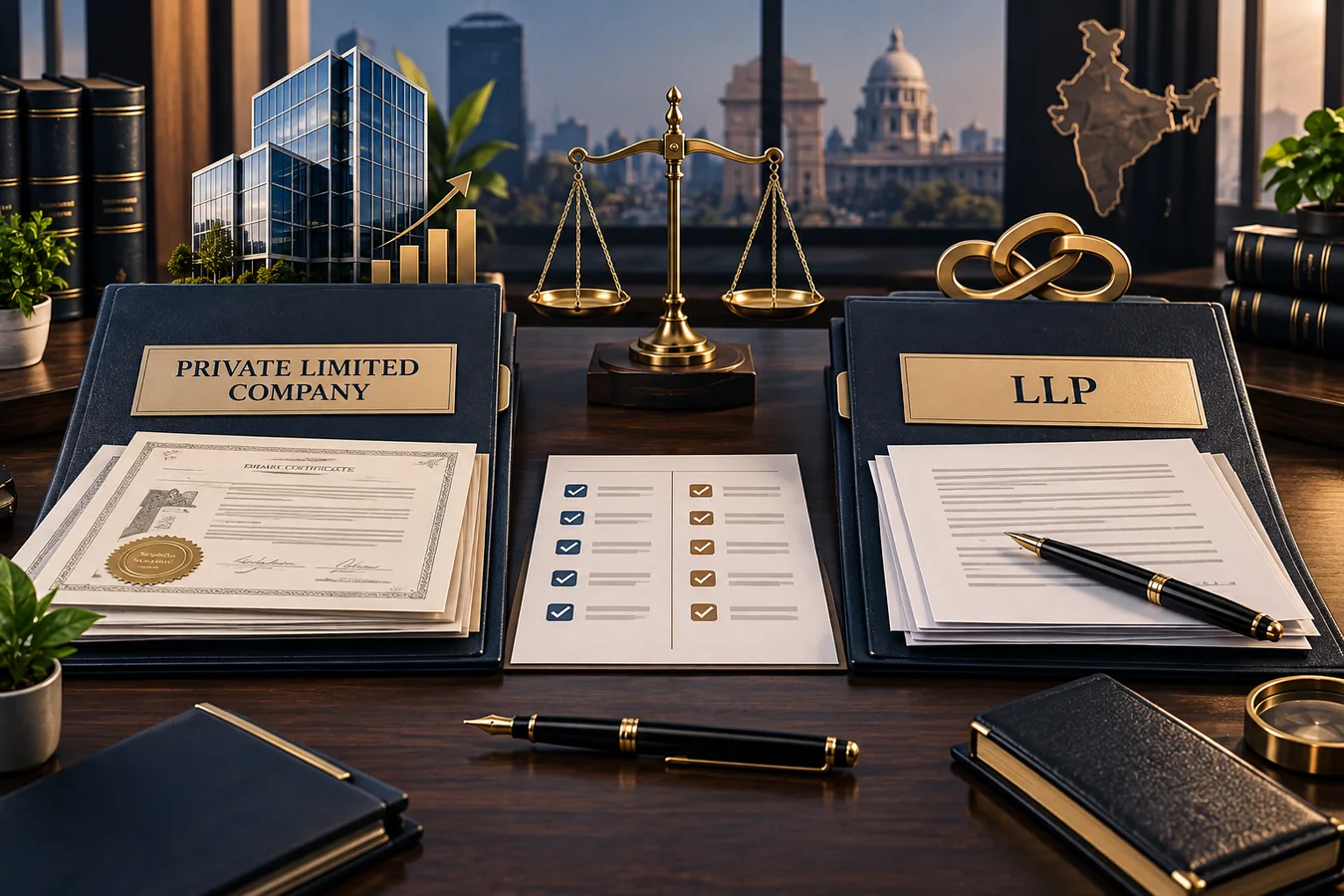 Private limited company and LLP folders with a comparison checklist and balance scale
