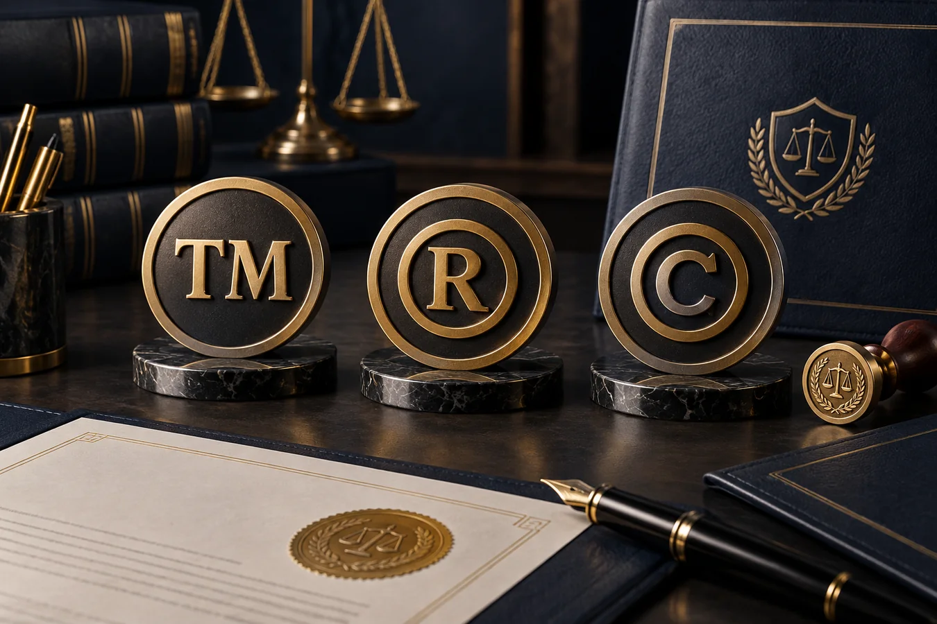 Gold TM, registered trademark and copyright symbols beside legal documents