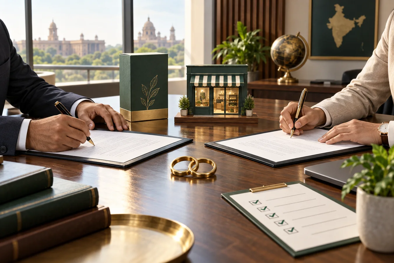 Business professionals signing a trademark licensing agreement beside a franchise storefront model