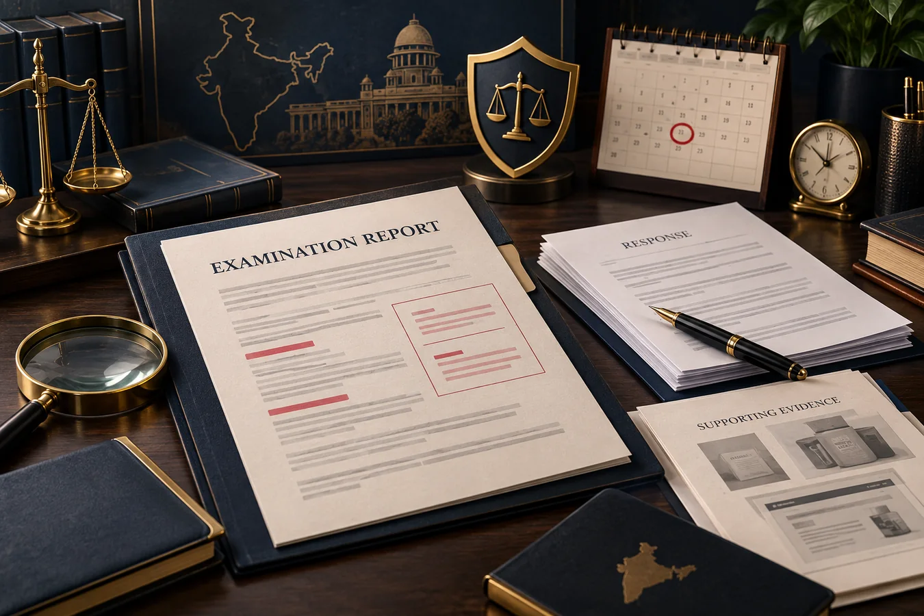 Trademark examination report, response papers, supporting evidence and deadline calendar