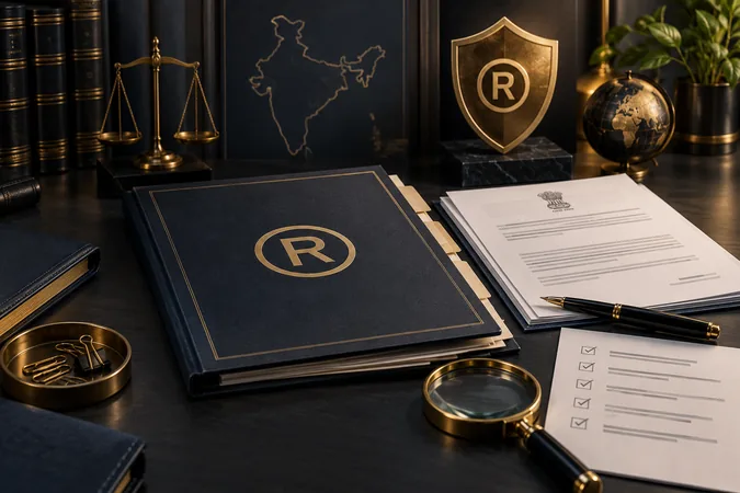 Trademark application folder, registration documents and checklist on a legal desk