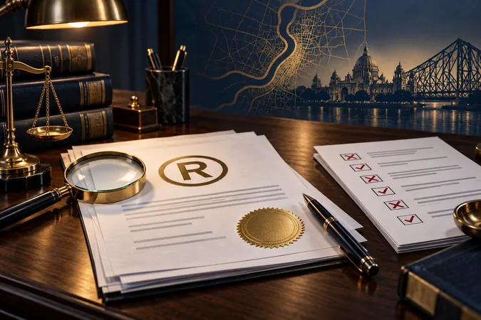 Trademark documents, search magnifier and filing checklist with Kolkata landmarks